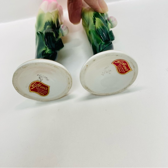 Vintage 2 Lefton Hand Painted Pink & Green Bud Vases Japan Tiny Crazing on Base - Picture 6 of 10